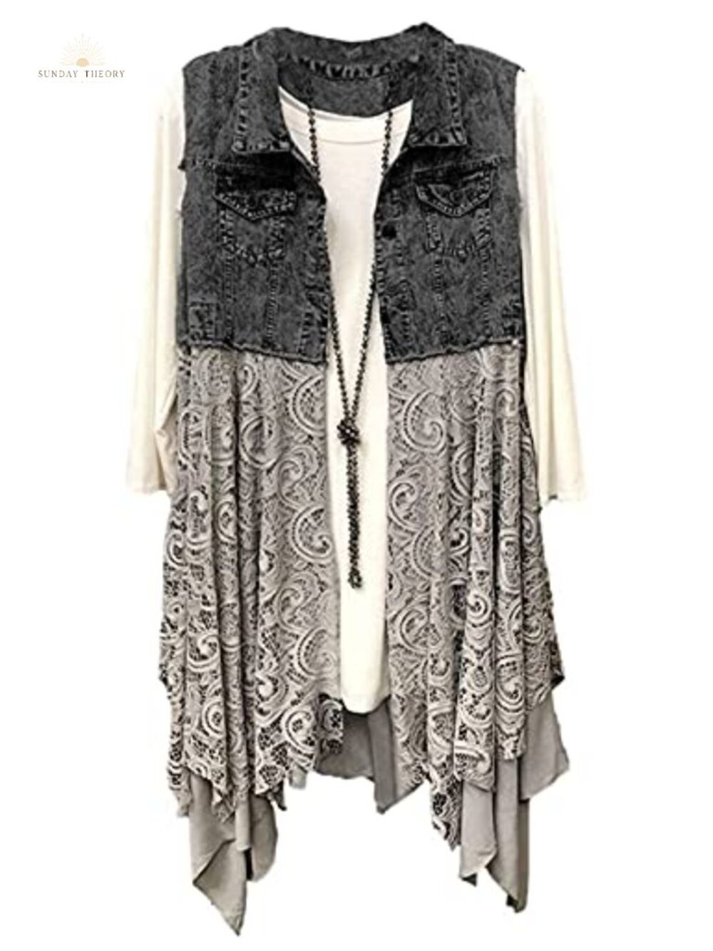 Lace Hem Denim Vest Cardigan Sleeveless Ripped Patchwork